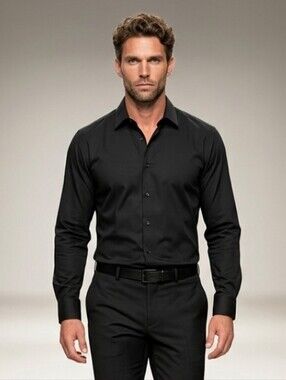 Men's Black Long-Sleeve Dress Shirt - Classic Button Front Size 2X